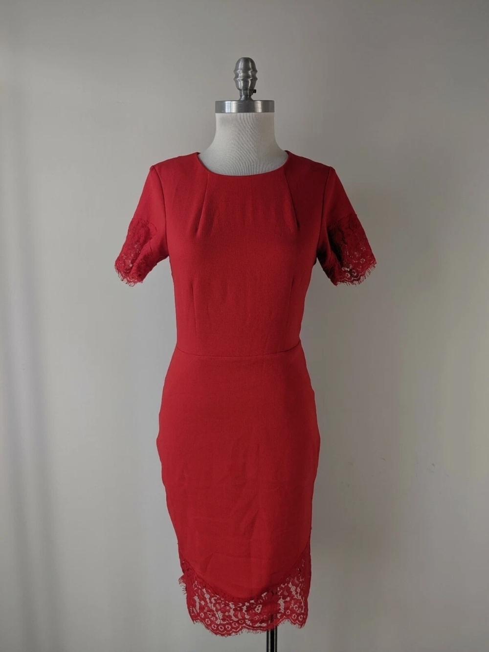 H&M Red Lace-Trim Midi Sheath Dress